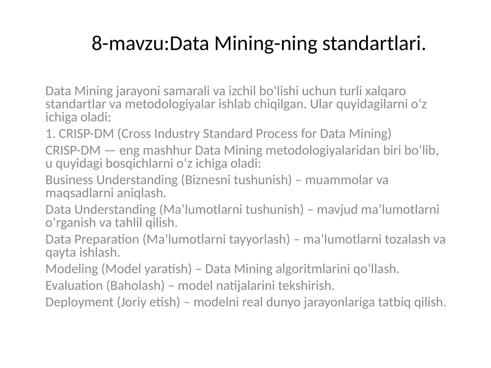Data Mining-ning standartlari