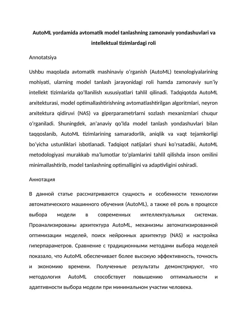 AutoML yordamida avtomatik model tanlashning zamonaviy yondashuvlari va intellektual tizimlardagi roli