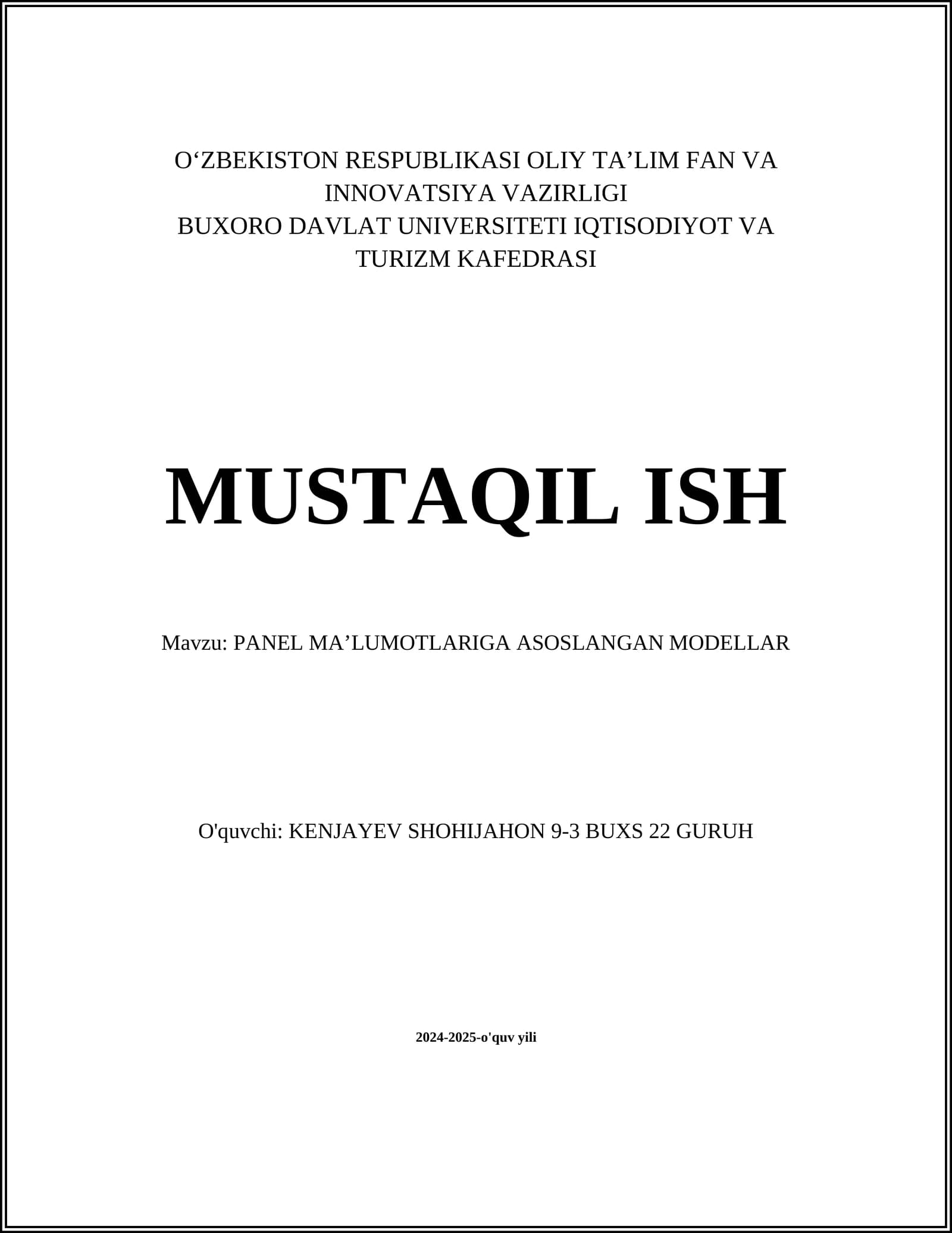 PANEL MA’LUMOTLARIGA ASOSLANGAN MODELLAR