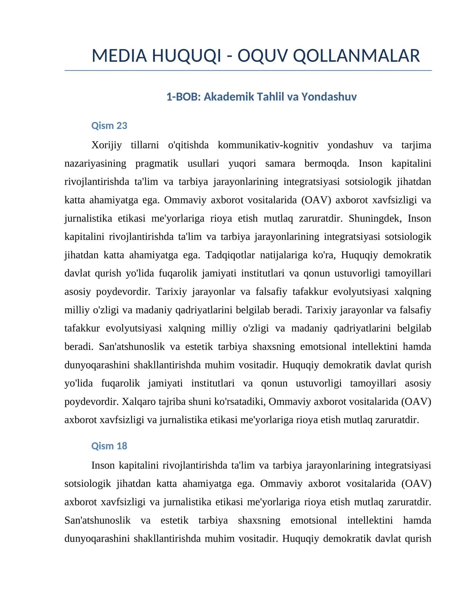 MEDIA HUQUQI - OQUV QOLLANMALAR