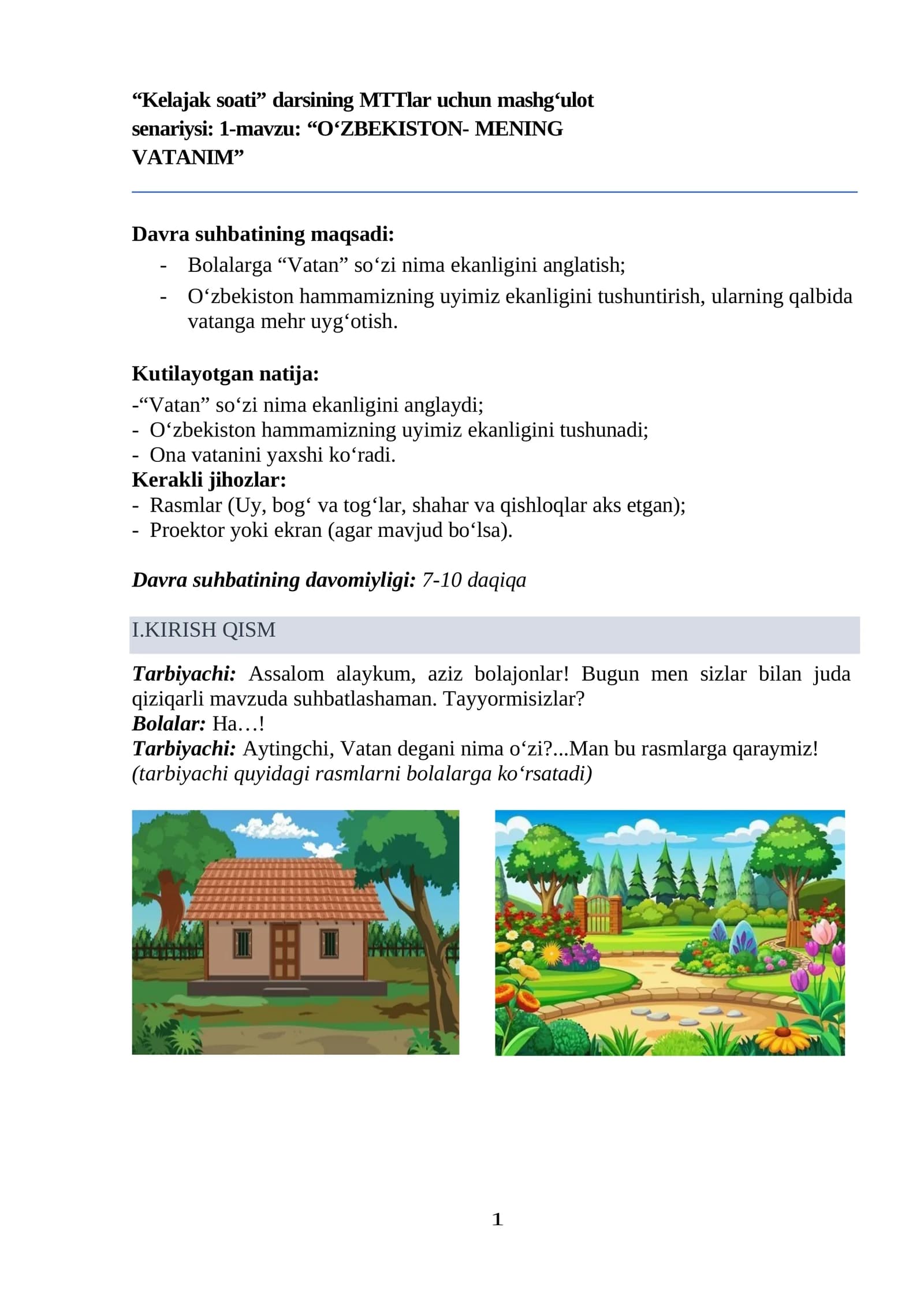 "Kelajak soati" darsining MTTlar uchun mashg'ulot senariysi: 1-mavzu: "O'ZBEKISTON- MENING VATANIM"