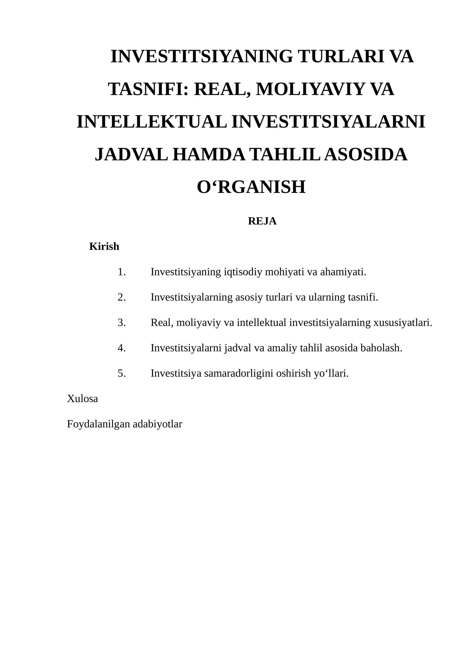 Investitsiyalar turlari va tasnifi