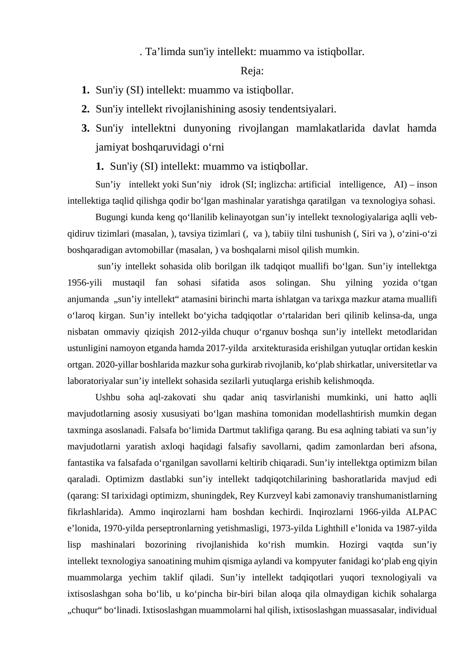 Ta’limda sun'iy intellekt: muammo va istiqbollar