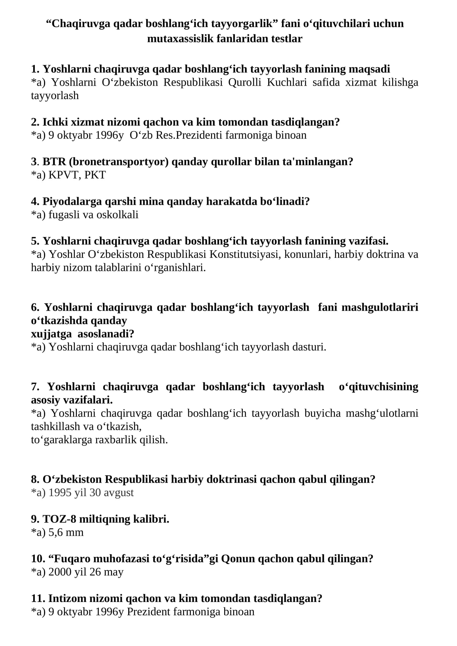 “Chaqiruvga qadar boshlang‘ich tayyorgarlik” fani o‘qituvchilari uchun mutaxassislik fanlaridan testlar