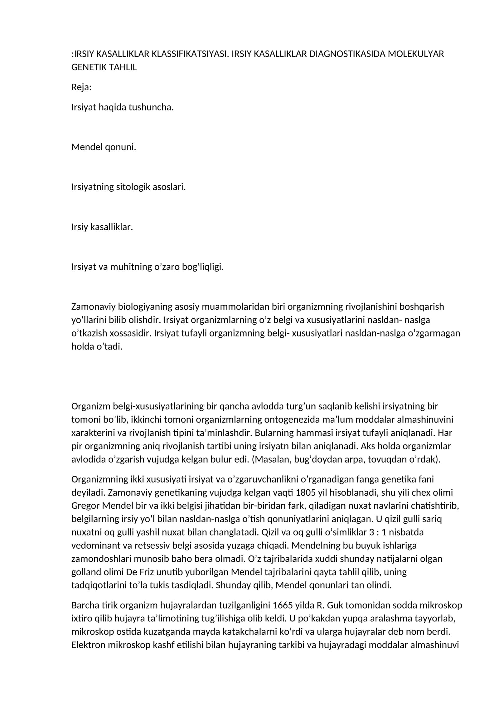 IRSIY KASALLIKLAR KLASSIFIKATSIYASI. IRSIY KASALLIKLAR DIAGNOSTIKASIDA MOLEKULYAR GENETIK TAHLIL