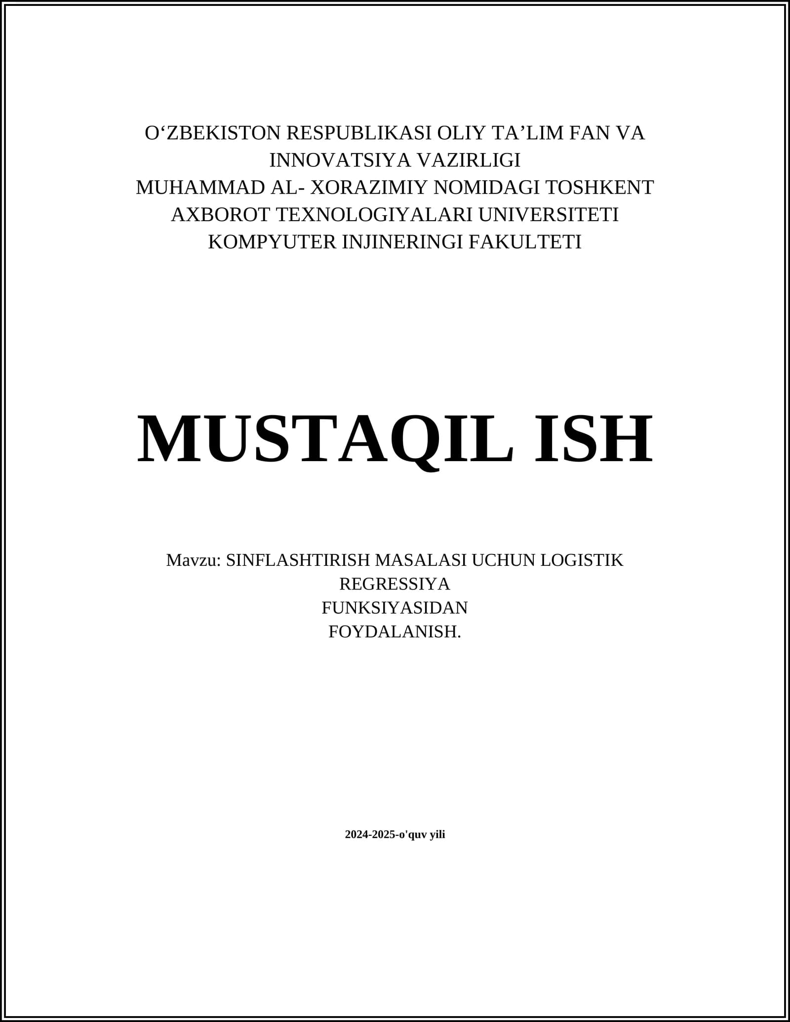 SINFLASHTIRISH MASALASI UCHUN LOGISTIK REGRESSIYA FUNKSIYASIDAN FOYDALANISH