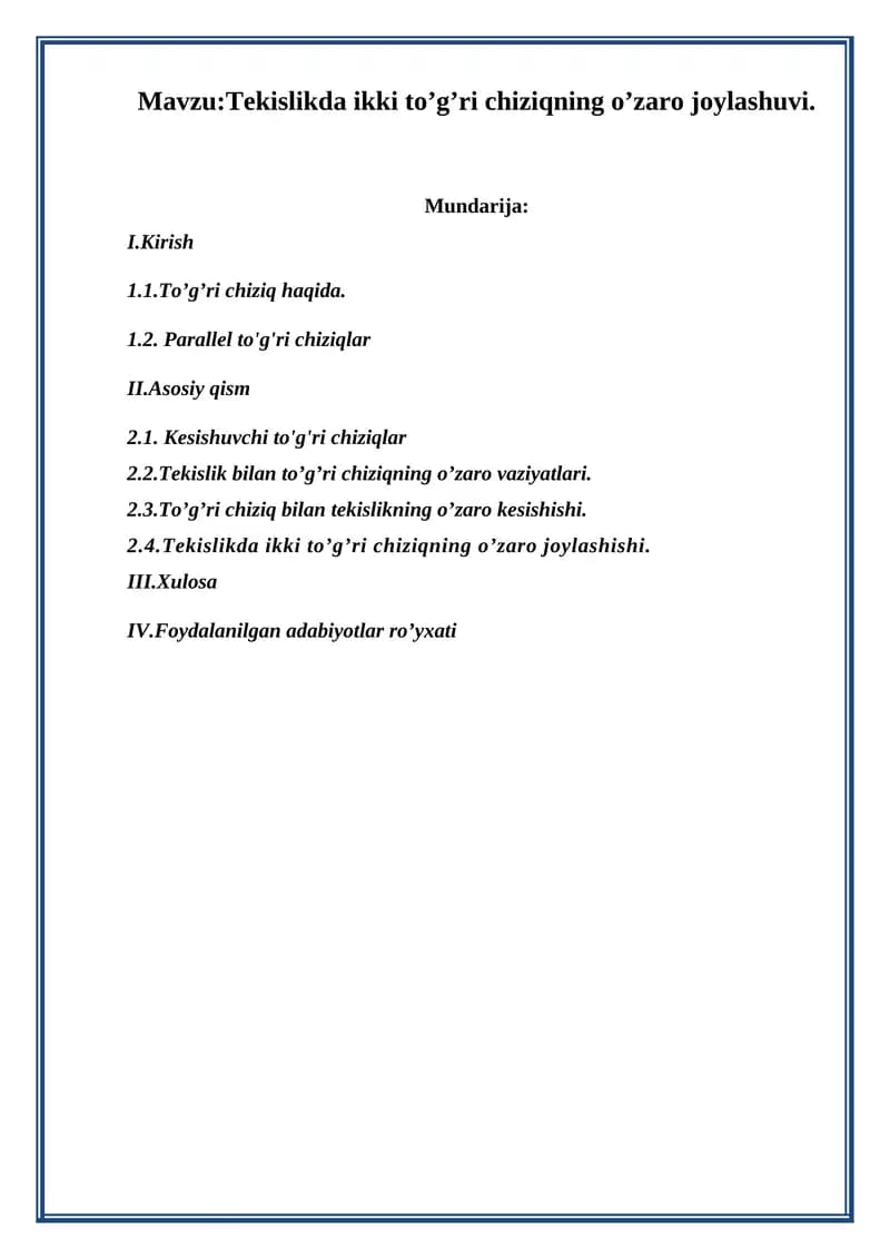 Tekislikda ikki to’g’ri chiziqning o’zaro joylashuvi