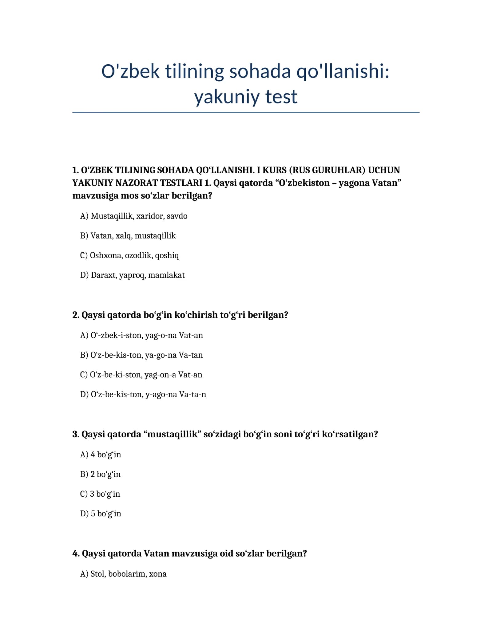 O'zbek tilining sohada qo'llanishi: yakuniy test