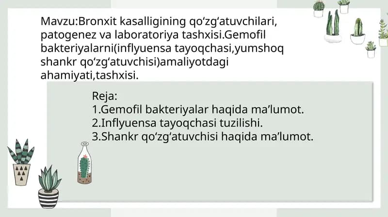Bronxit kasalligining qo‘zg‘atuvchilari, patogenez va laboratoriya tashxisi.Gemofil bakteriyalarni(inflyuensa tayoqchasi,yumshoq shankr qo‘zg‘atuvchisi)amaliyotdagi ahamiyati,tashxisi.