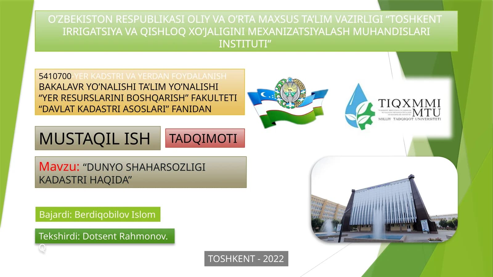 “DUNYO SHAHARSOZLIGI KADASTRI HAQIDA”