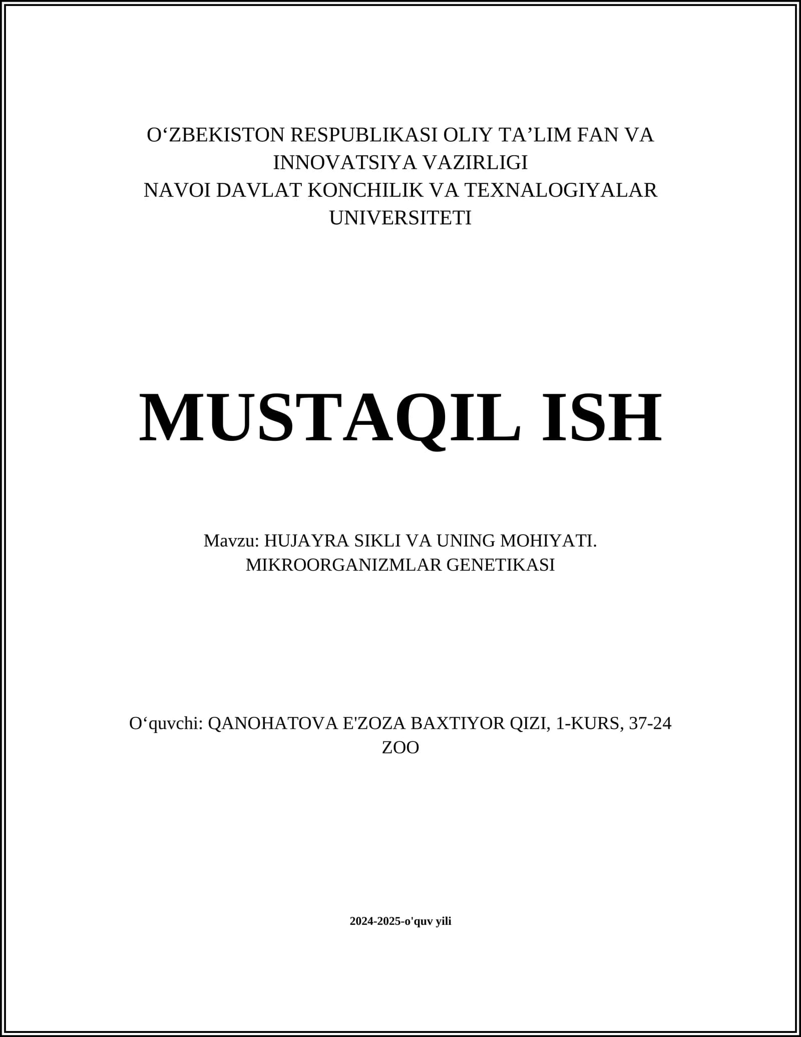 HUJAYRA SIKLI VA UNING MOHIYATI. MIKROORGANIZMLAR GENETIKASI