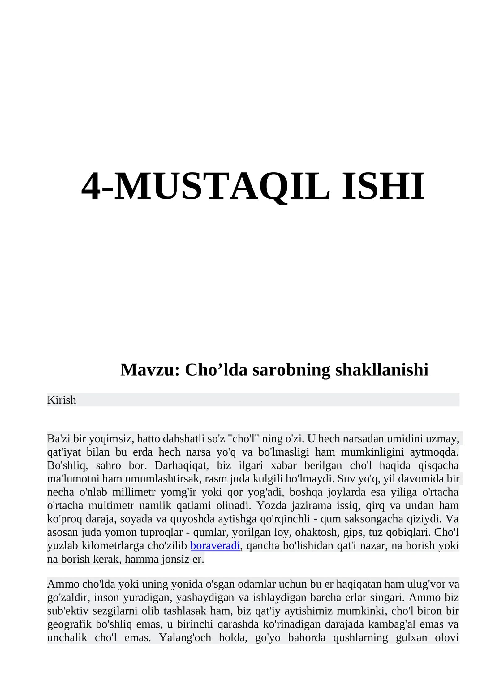 Cho’lda sarobning shakllanishi