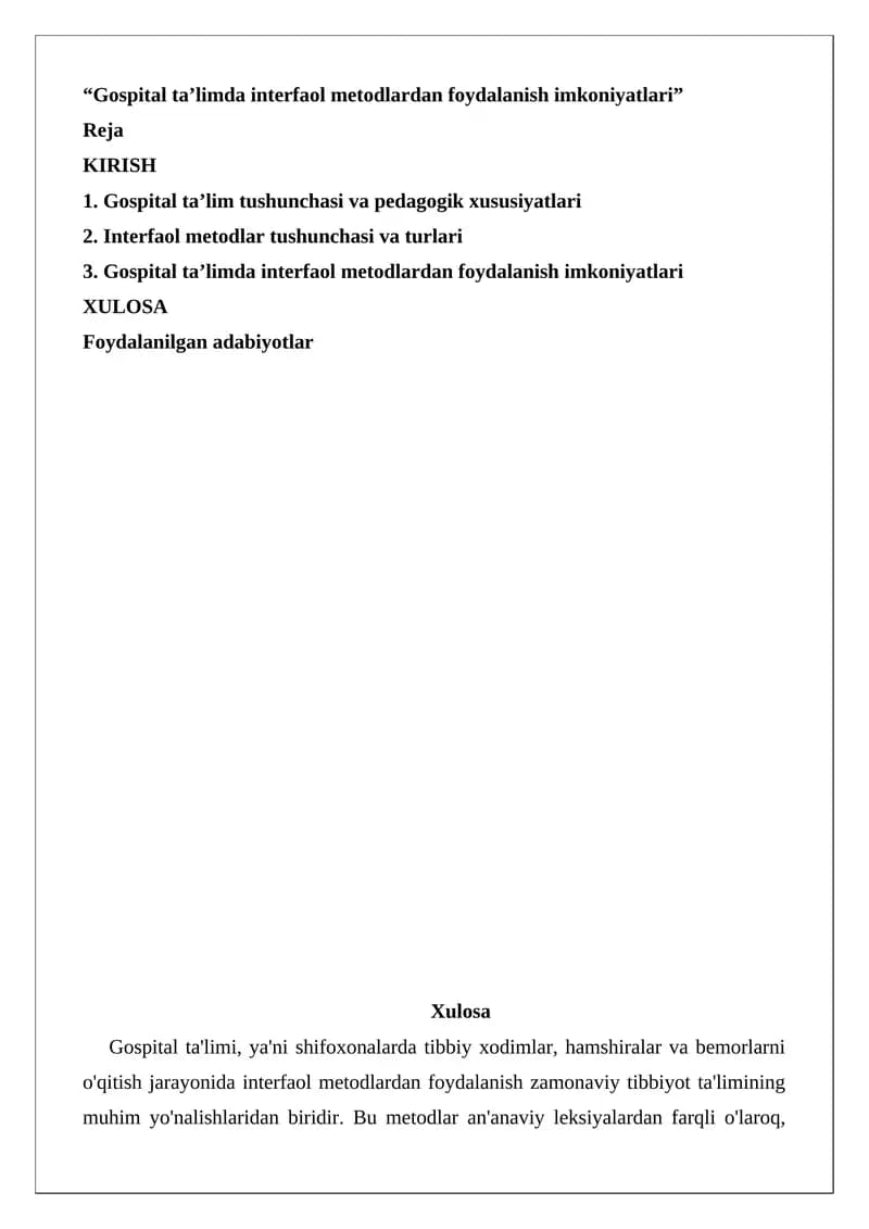 Gospital ta’limda interfaol metodlardan foydalanish imkoniyatlari