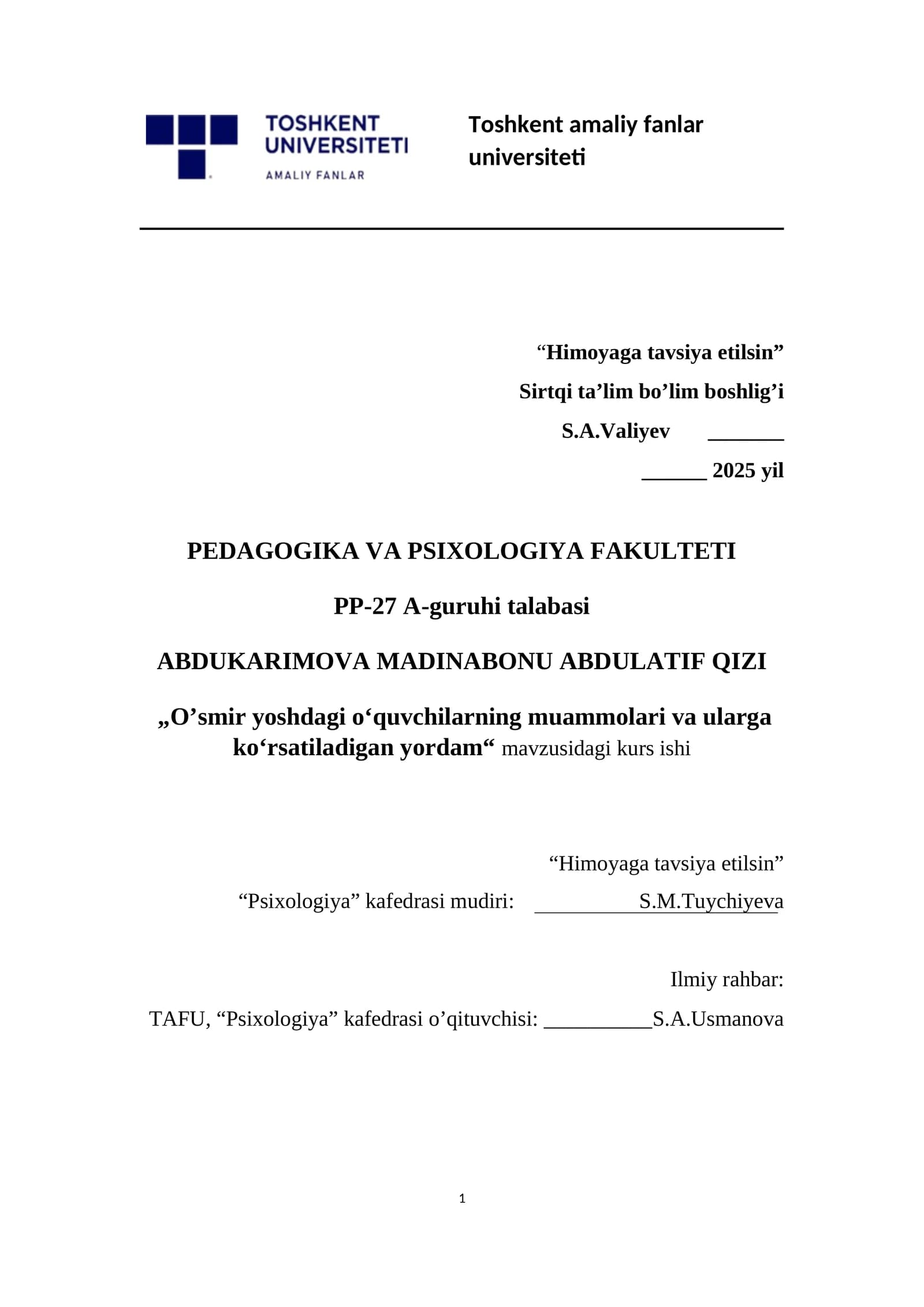 O’smir yoshdagi o‘quvchilarning muammolari va ularga ko‘rsatiladigan yordam kurs ishi