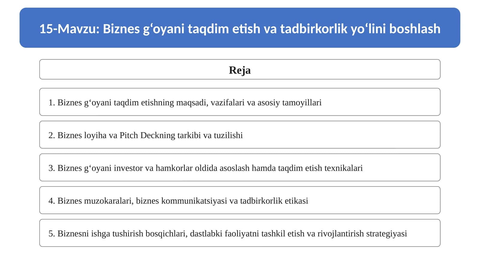 Biznes g‘oyani taqdim etish va tadbirkorlik yo‘lini boshlash