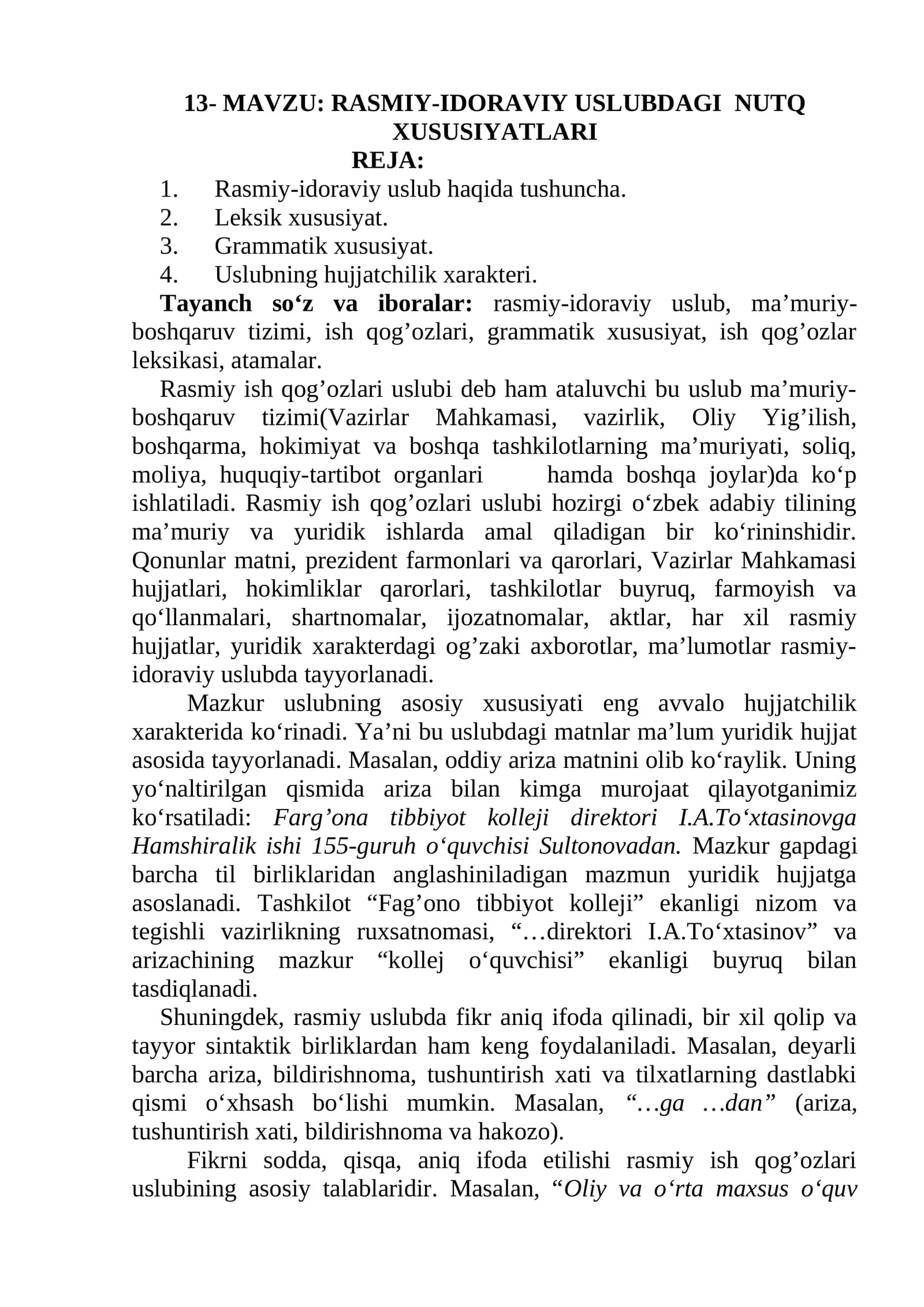 Rasmiy-Idoraviy Uslubdagi Nutq Xususiyatlari