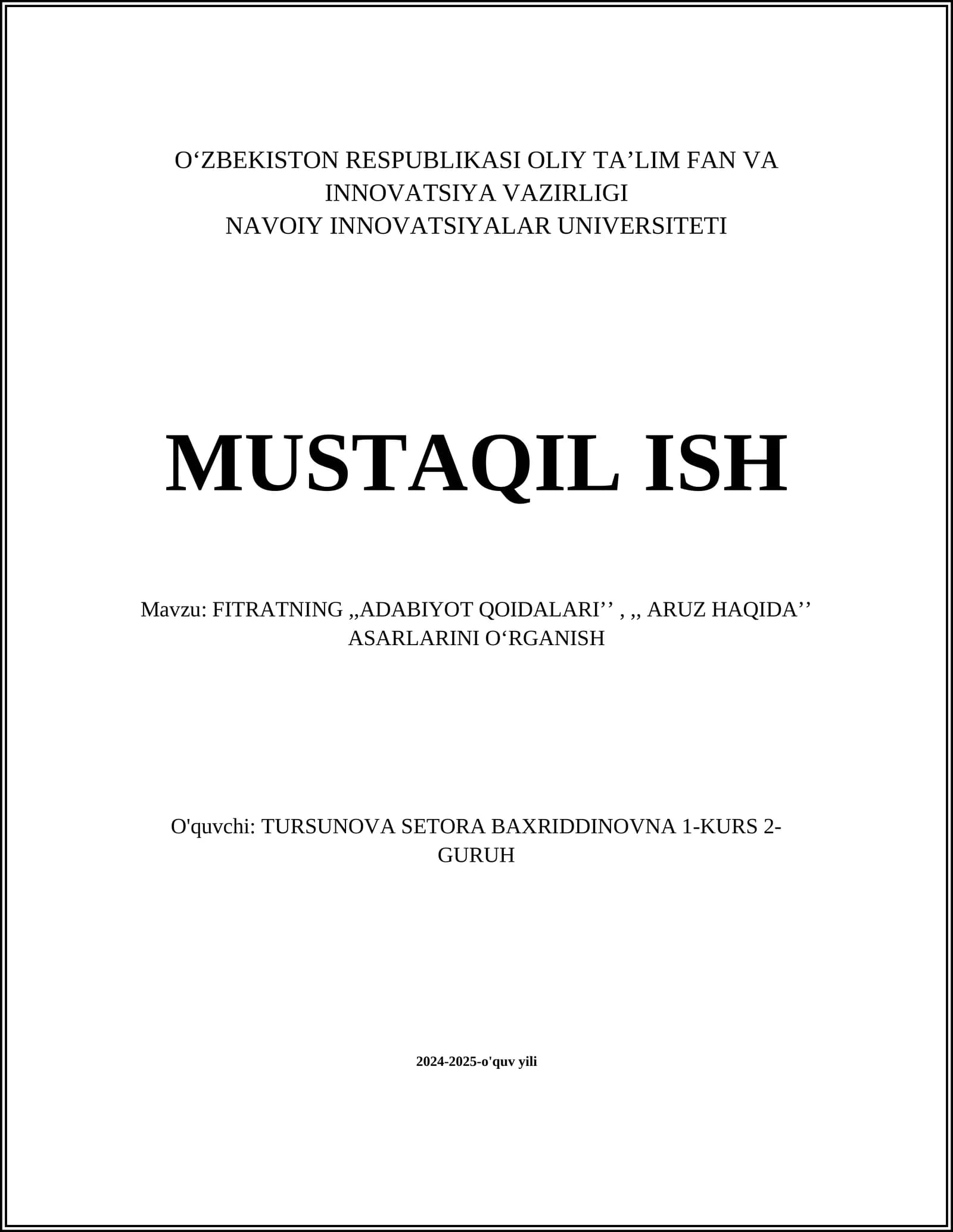FITRATNING,,ADABIYOT QOIDALARI’’,,, ARUZ HAQIDA’’ ASARLARINI OʻRGANISH