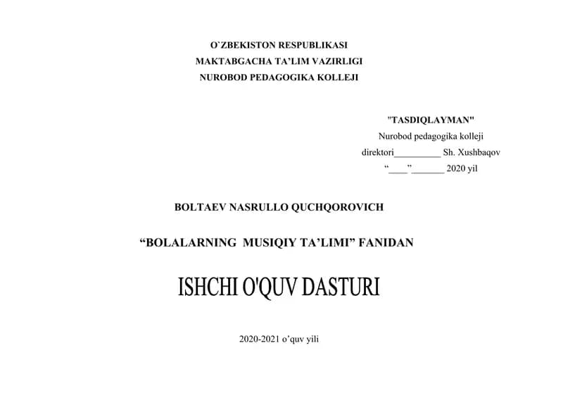 "Bolalarning Musiqli Talimi" fani dasturi