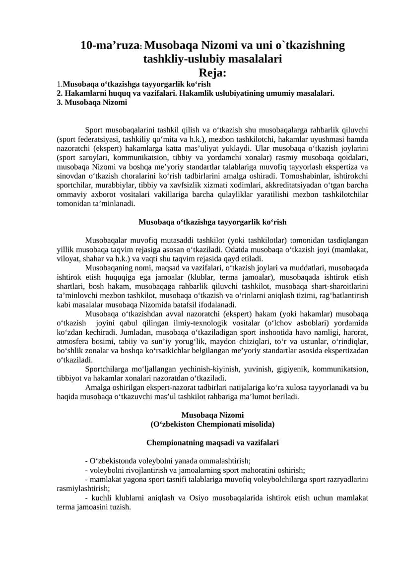 Musobaqa Nizomi va uni o`tkazishning tashkliy-uslubiy masalalari