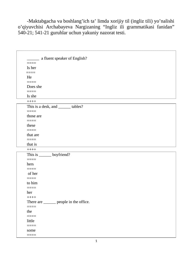 Ingliz ili grammatikasi fanidan yakuniy nazorat testi
