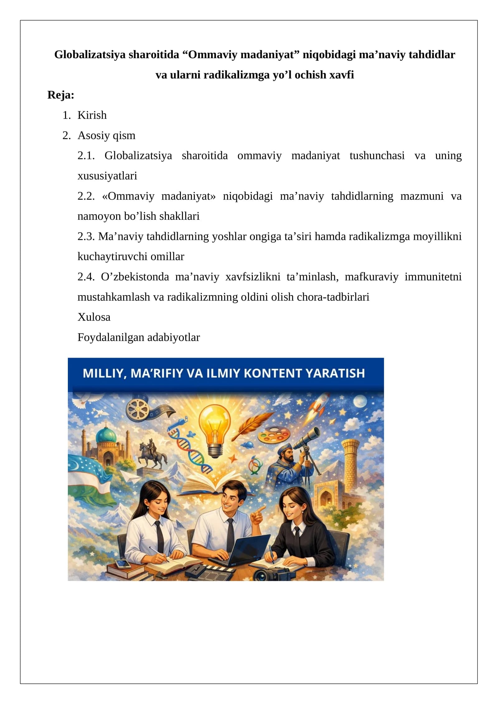 Globalizatsiya sharoitida ommaviy madaniyat niqobidagi ma'naviy tahdidlar va ularni
