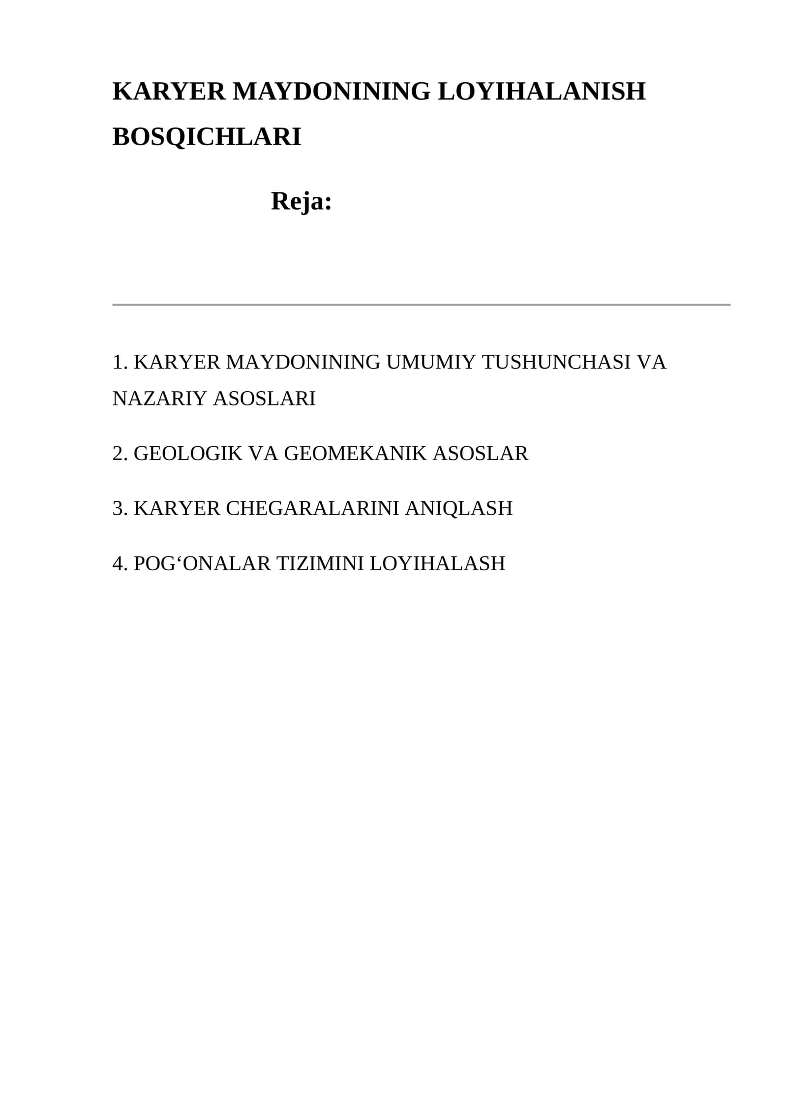 KARYER MAYDONINING LOYIHALANISH BOSQICHLARI