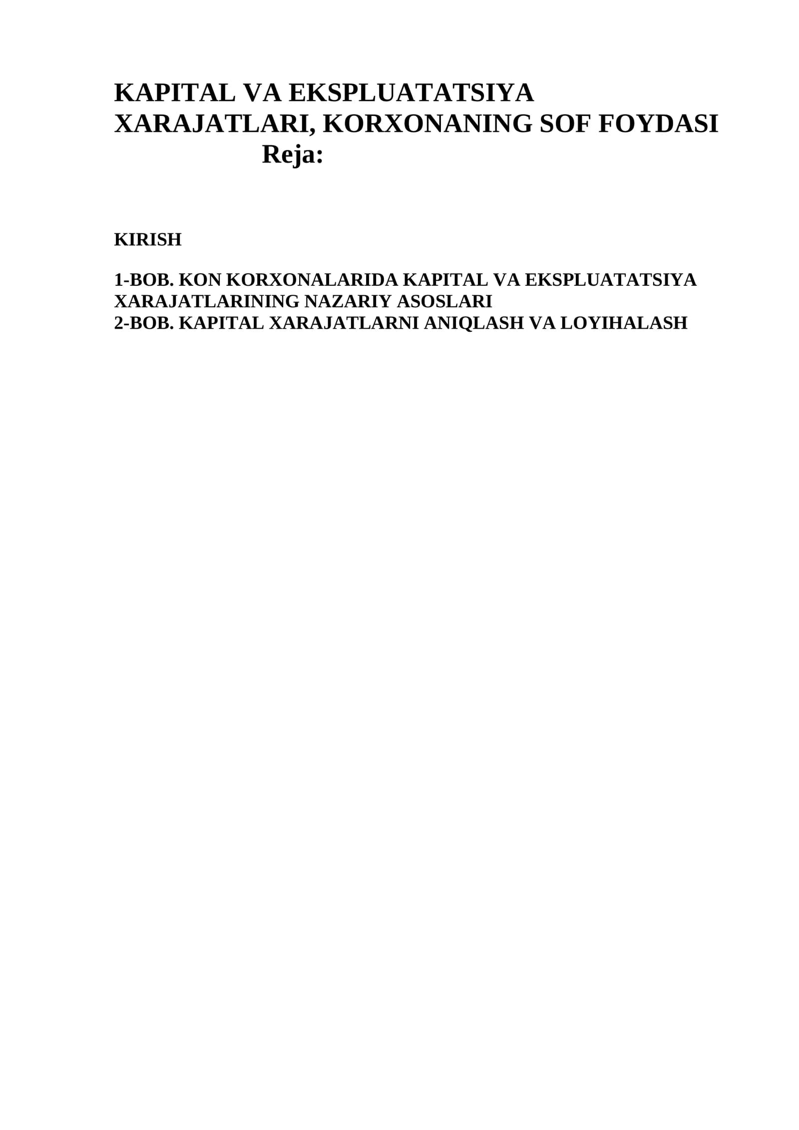 KAPITAL VA EKSPLUATATSIYA XARAJATLARI, KORXONANING SOF FOYDASI