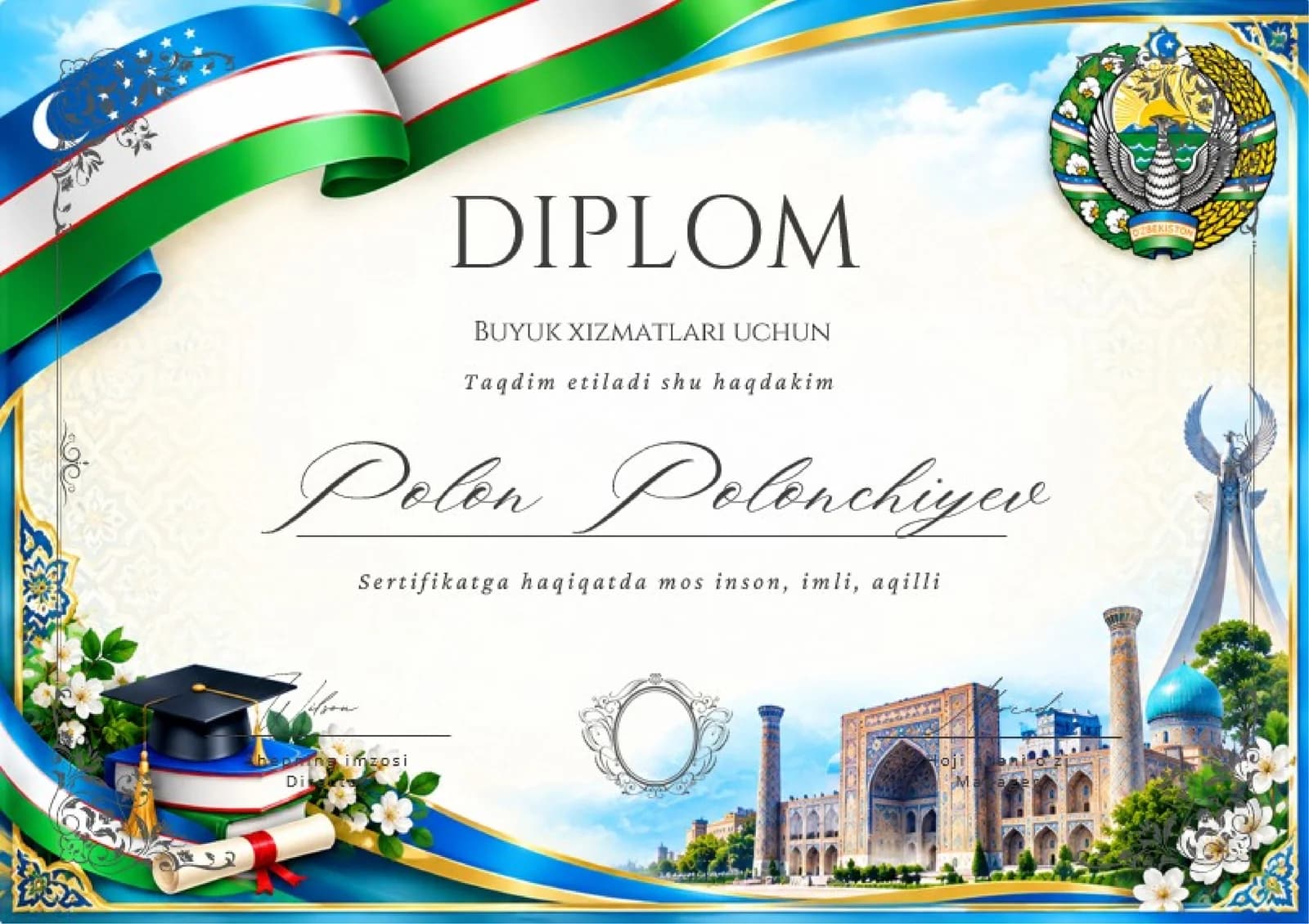 Shablon diplom, sertifikat, faxriy yorliq, tashakkurnoma yoki maqtov yorlig'i