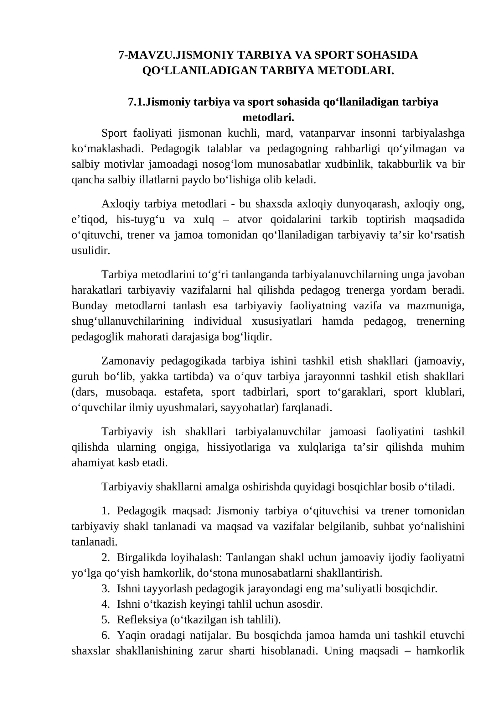 Jismoniy tarbiya va sport sohasida qo‘llaniladigan tarbiya metodlari