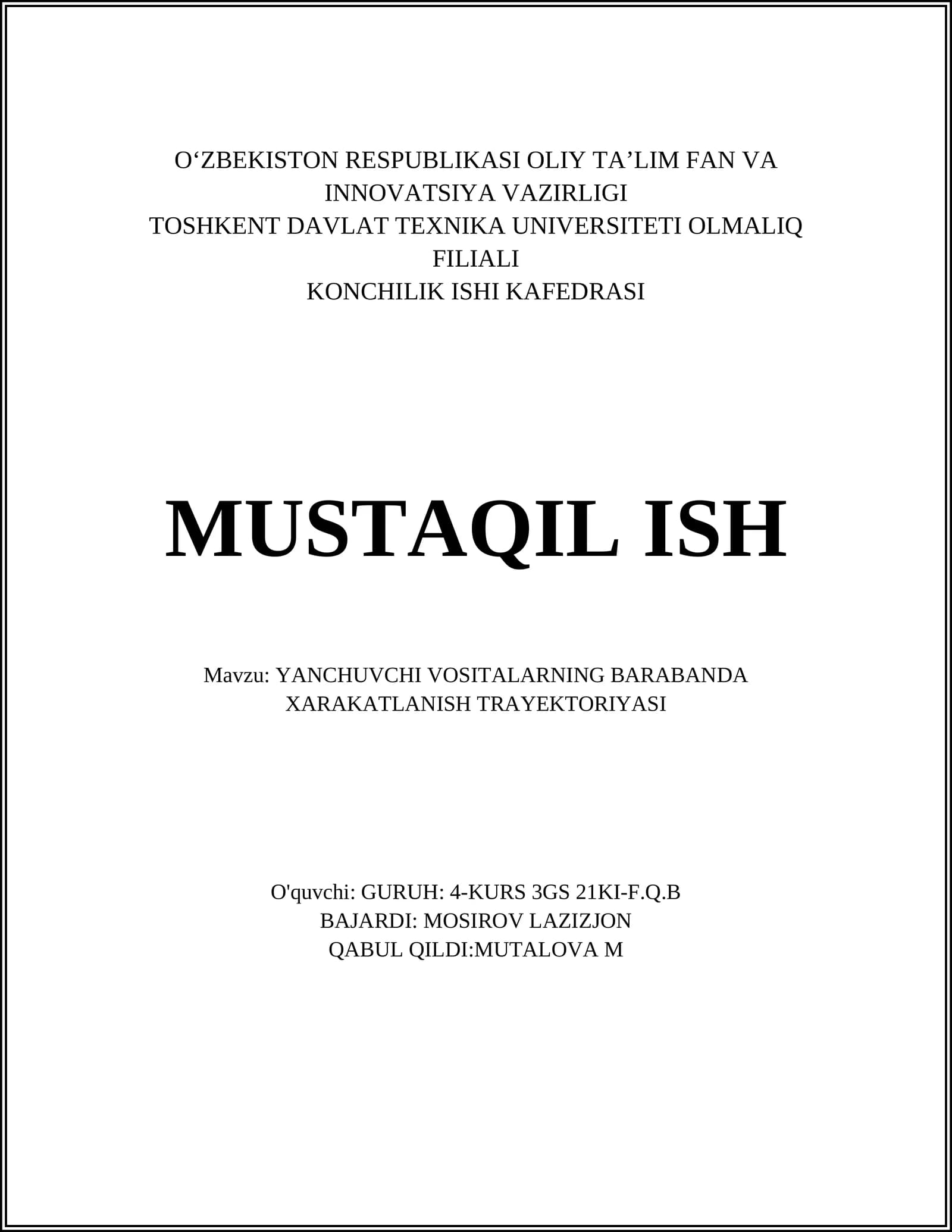 YANCHUVCHI VOSITALARNING BARABANDA XARAKATLANISH TRAYEKTORIYASI