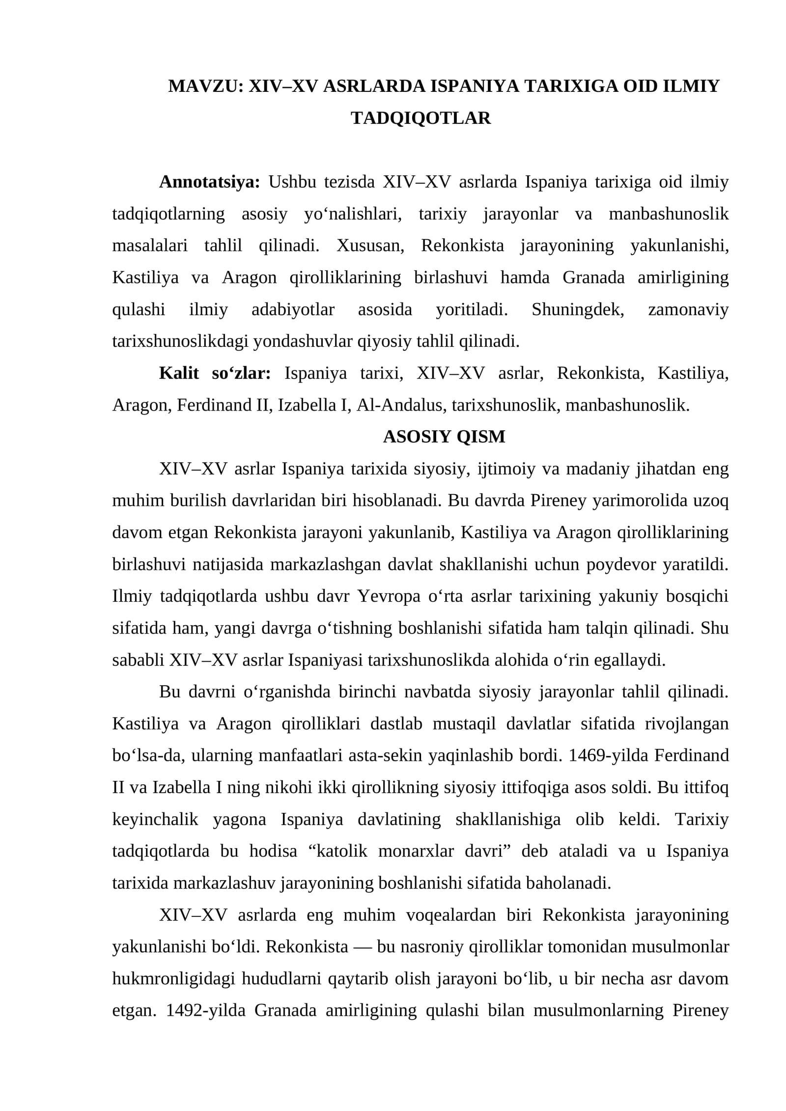 XIV-XV asrlarda Ispaniya tarixiga oid ilmiy tadqiqotlar mavzusi yuzasidan tezis