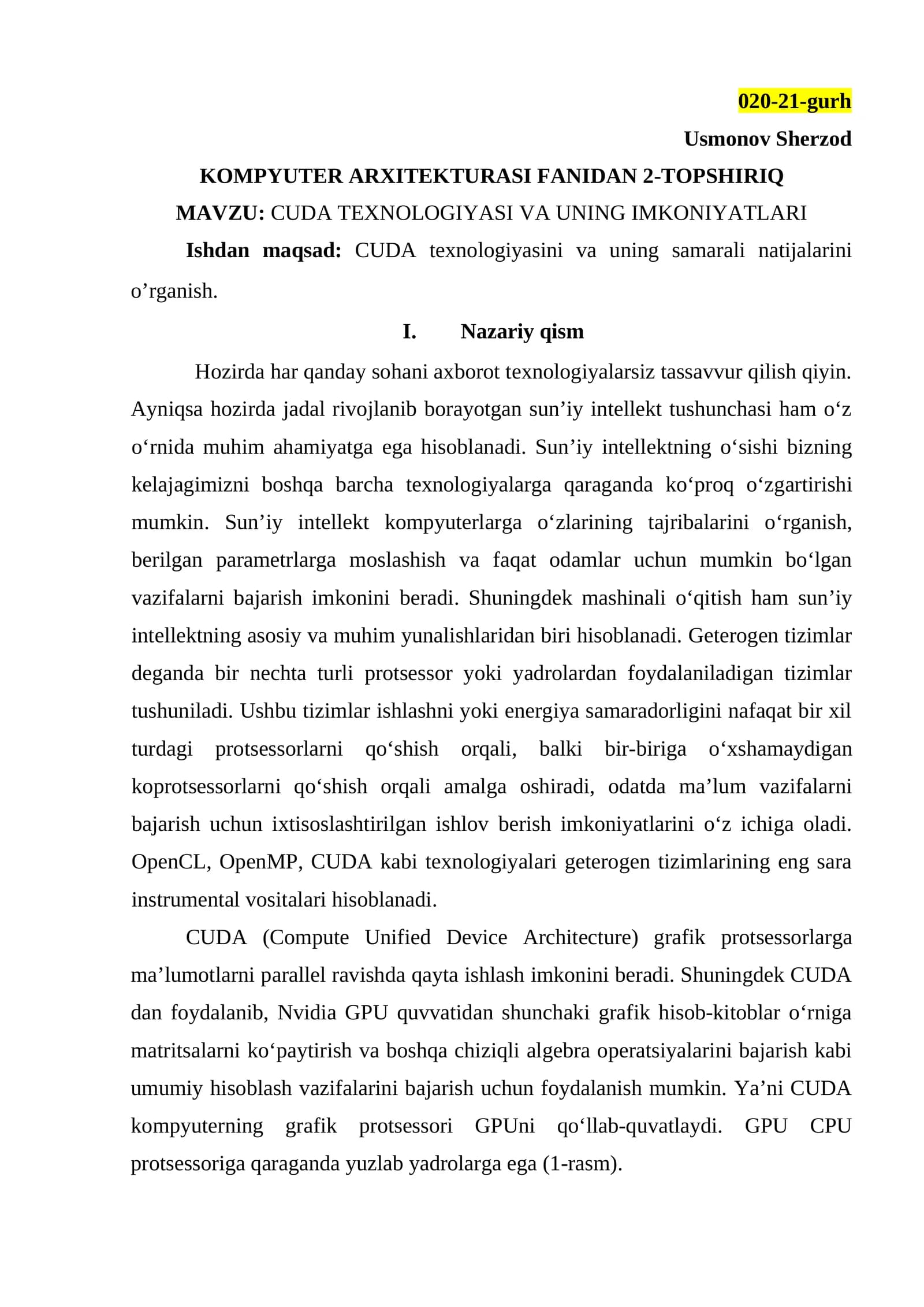 CUDA TEXNOLOGIYASI VA UNING IMKONIYATLARI