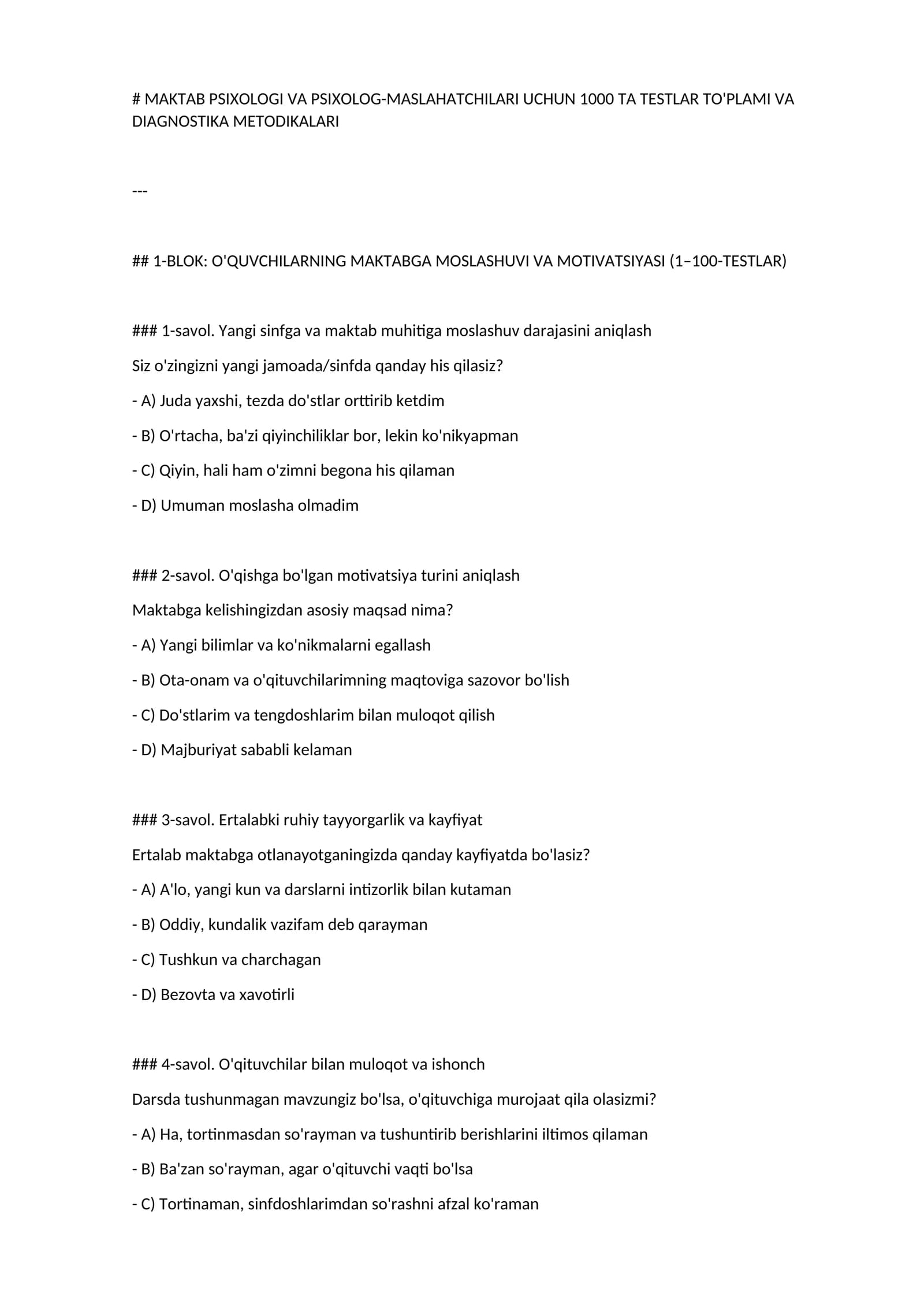 Maktab psixologi va psixolog-maslahatchilari uchun 1000 ta testlar to'plami