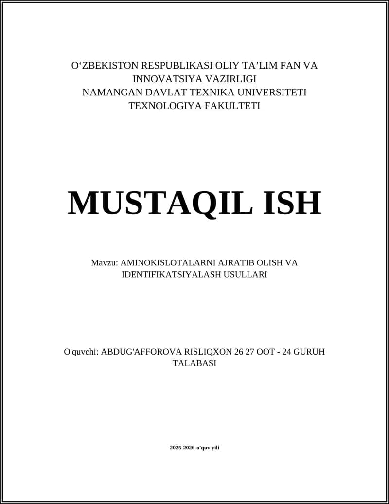 AMINOKISLOTALARNI AJRATIB OLISH VA IDENTIFIKATSIYALASH USULLARI