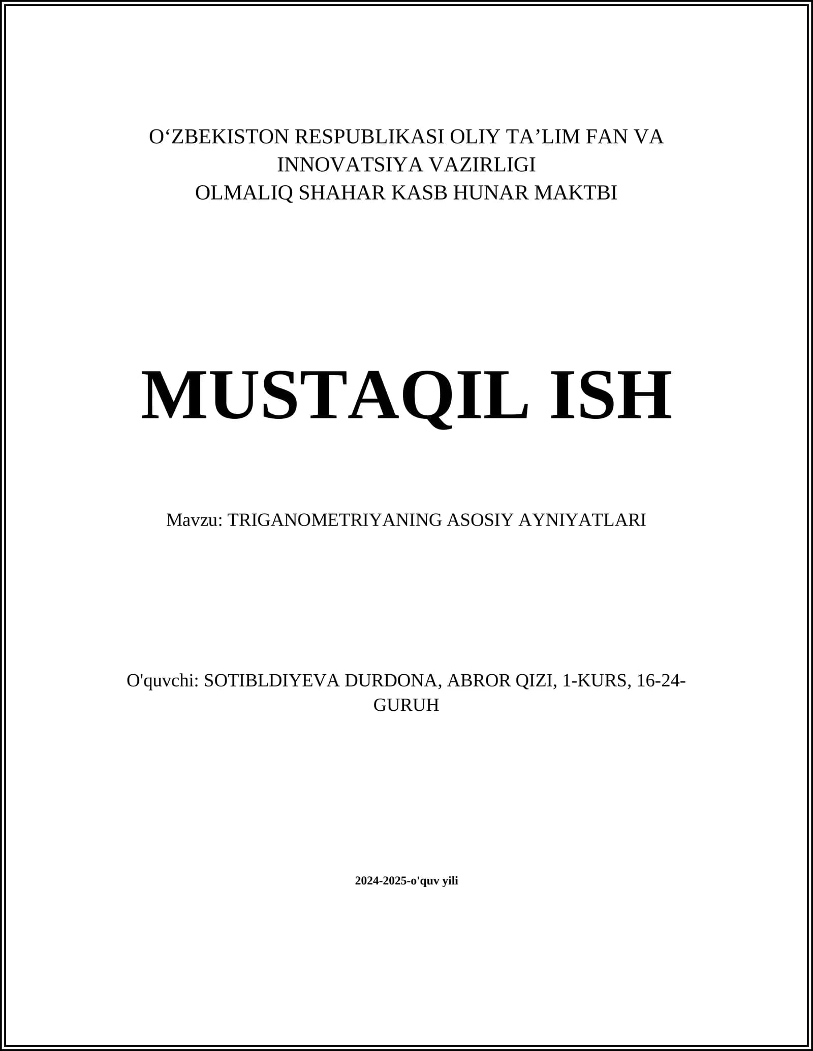 TRIGONOMETRIYANING ASOSIY AYNIYATLARI