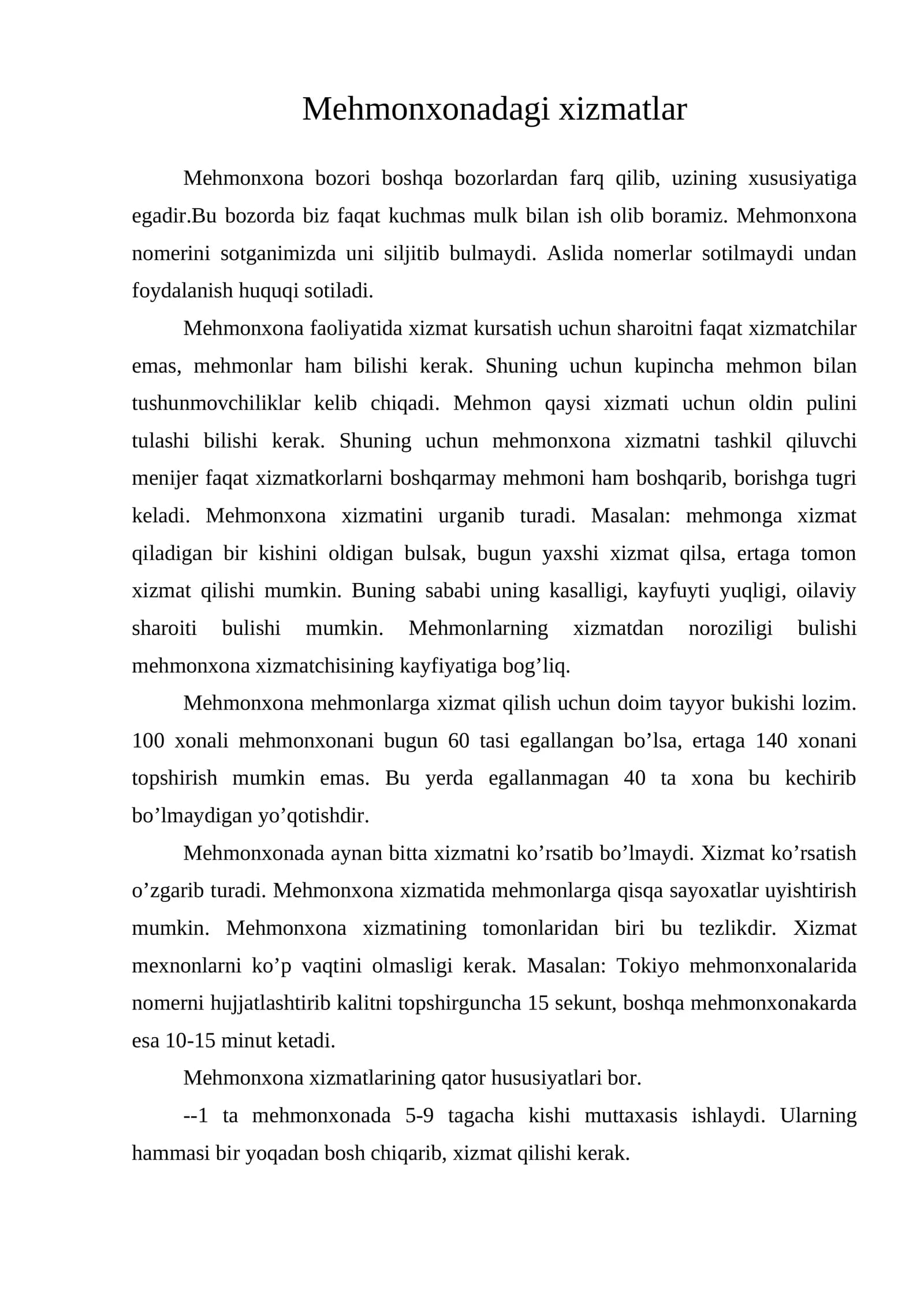 Mehmonxonadagi xizmatlar
