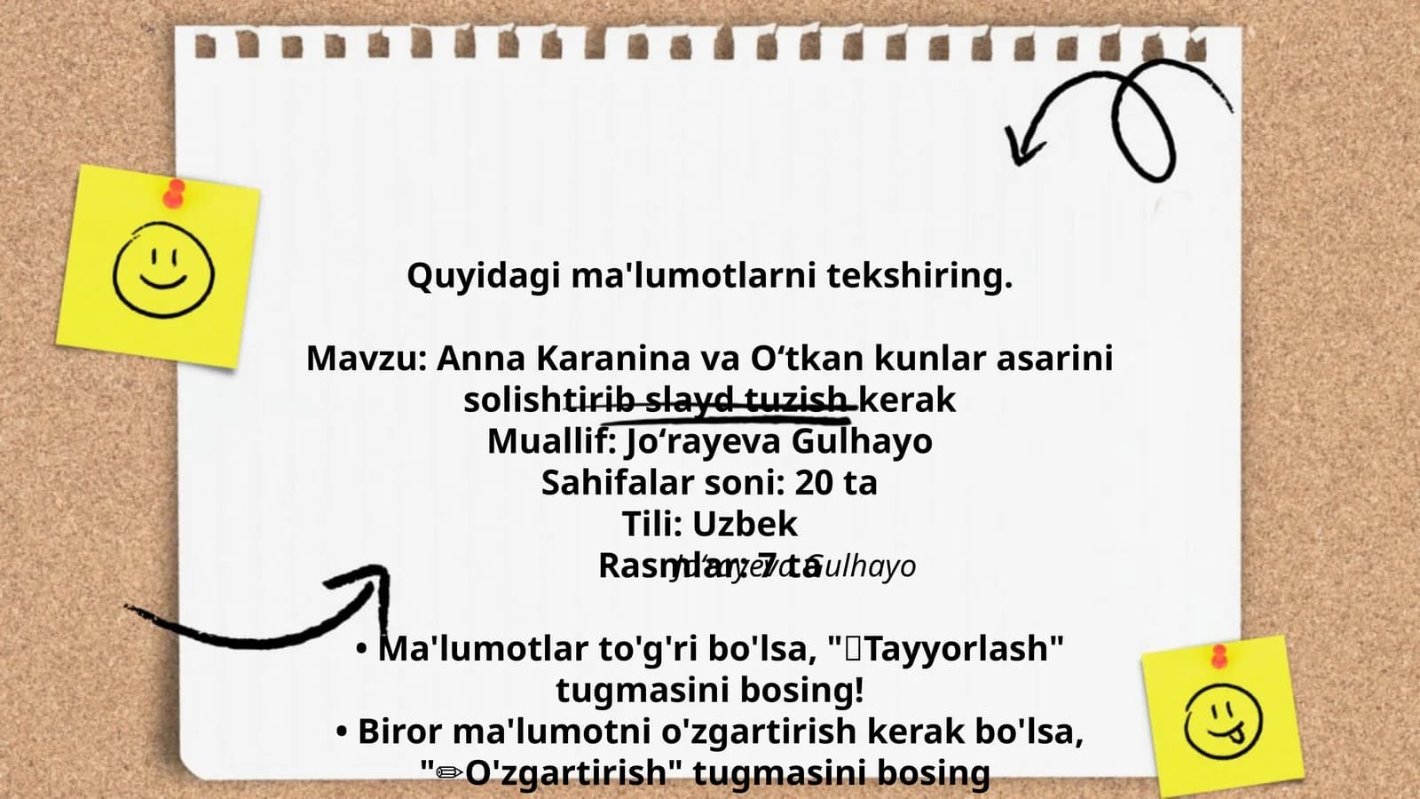 Anna Karanina va Oʻtkan kunlar asarini solishtirib slayd tuzish kerak