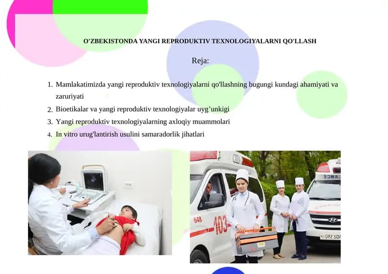O'ZBEKISTONDA YANGI REPRODUKTIV TEXNOLOGIYALARNI QO'LLASH