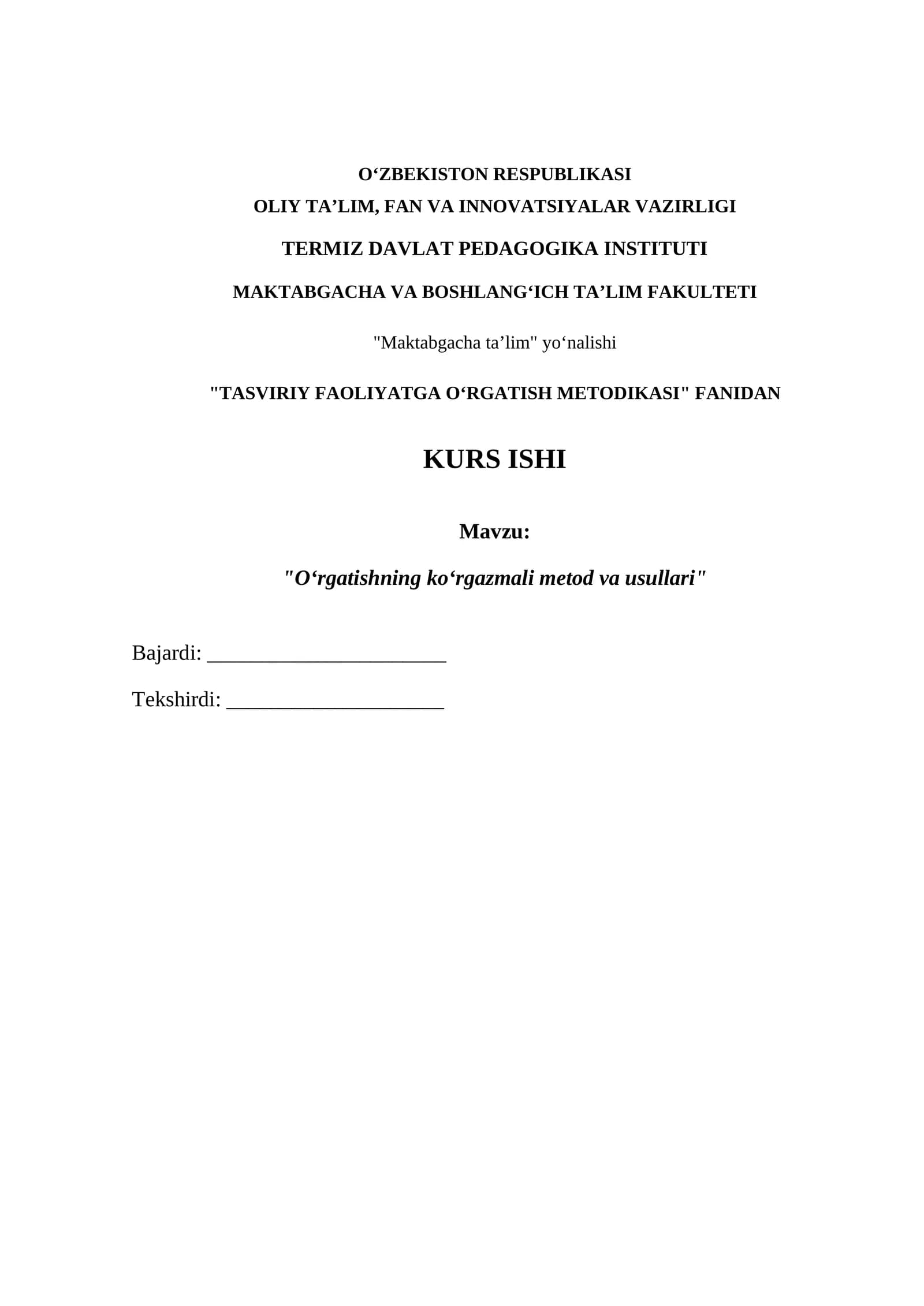 Tasviri faoliyatga o'rgatish metodikasi kurs ishi