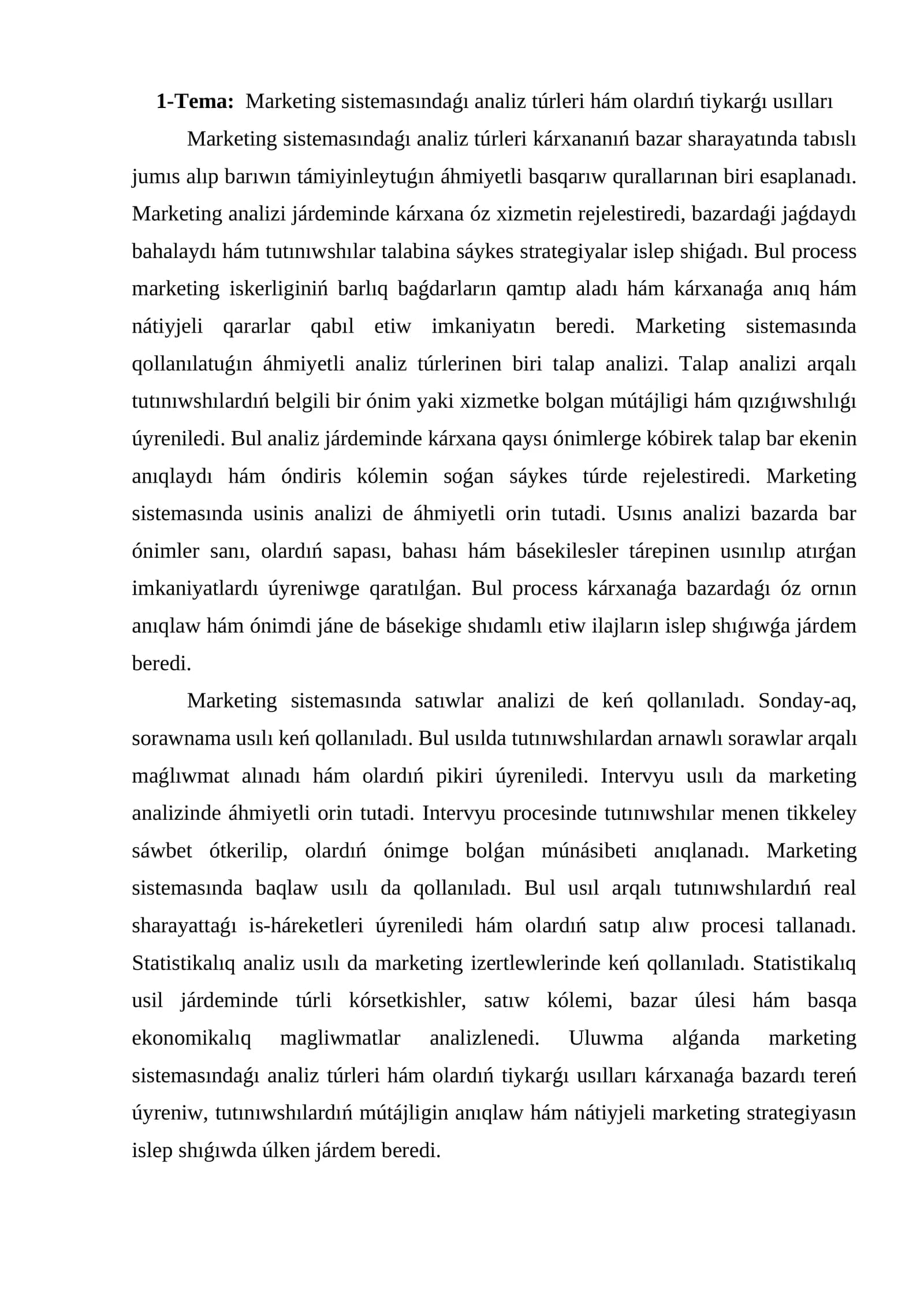 Marketing sistemasındaǵı analiz túrleri hám olardıń tiykarǵı usılları
