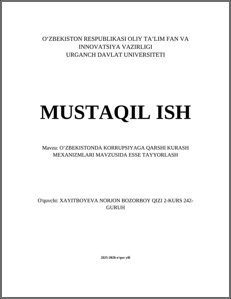 OʻZBEKISTONDA KORRUPSIYAGA QARSHI KURASH MEXANIZMLARI