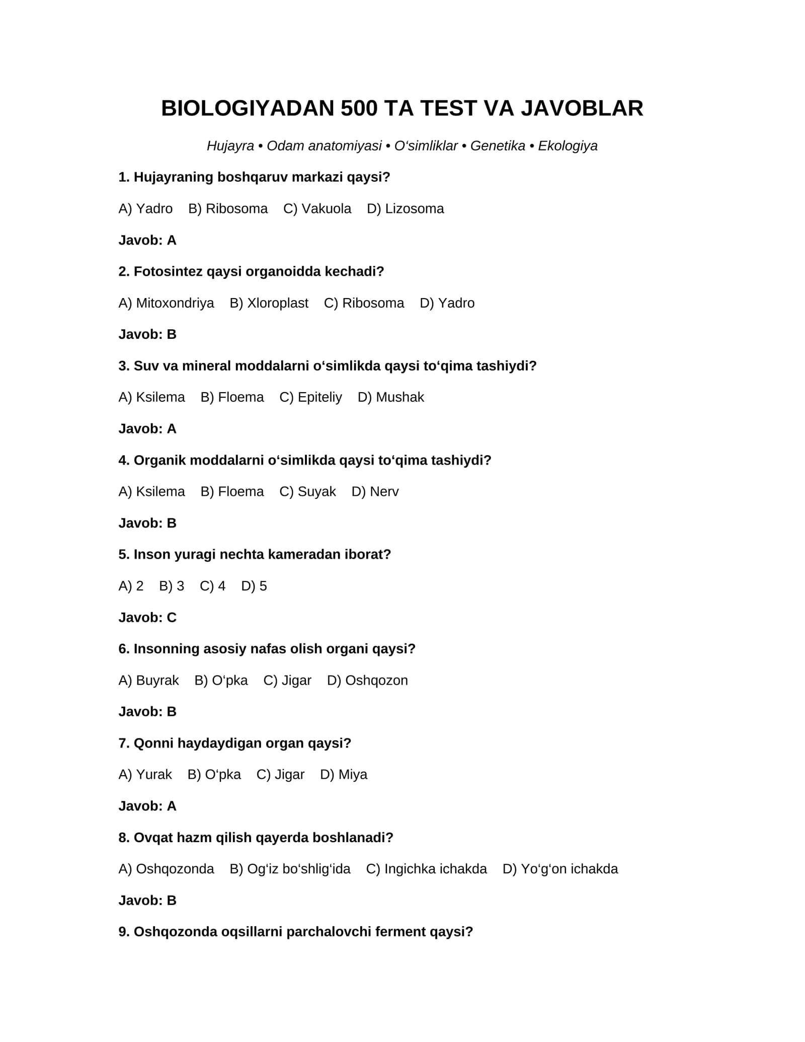 BIOLOGIYADAN 500 TA TEST VA JAVOBLAR
