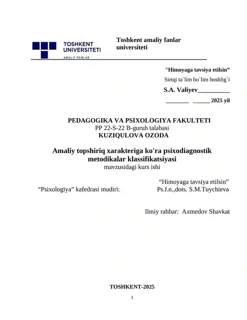 Amaliy topshiriq xarakteriga ko'ra psixodiagnostik metodikalar klassifikatsiyasi