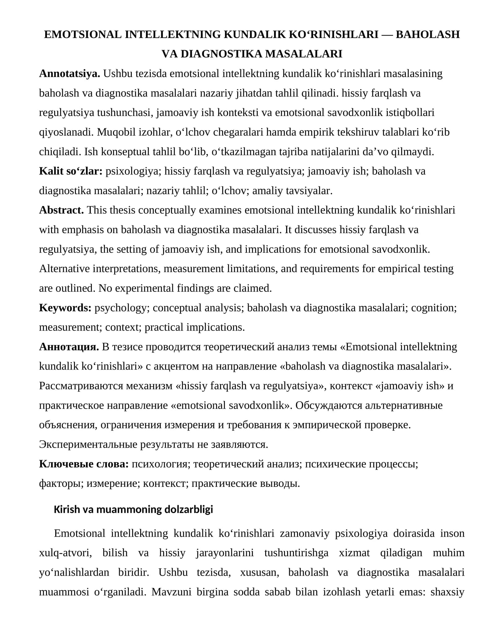 EMOTSIONAL INTELLEKTNING KUNDALIK KO‘RINISHLARI — BAHOLASH VA DIAGNOSTIKA MASALALARI