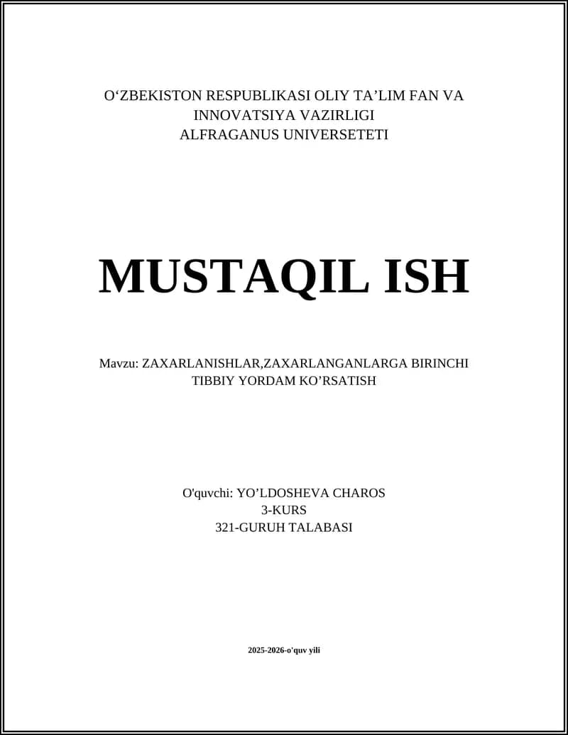 ZAXARLANISHLAR, ZAXARLANGANLARGA BIRINCHI TIBBIY YORDAM KO’RSATISH