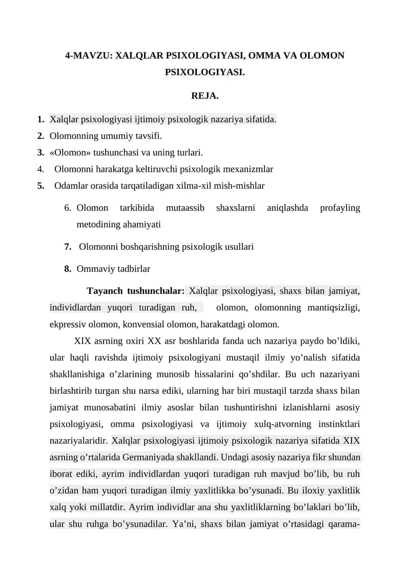 XALQLAR PSIXOLOGIYASI, OMMA VA OLOMON PSIXOLOGIYASI