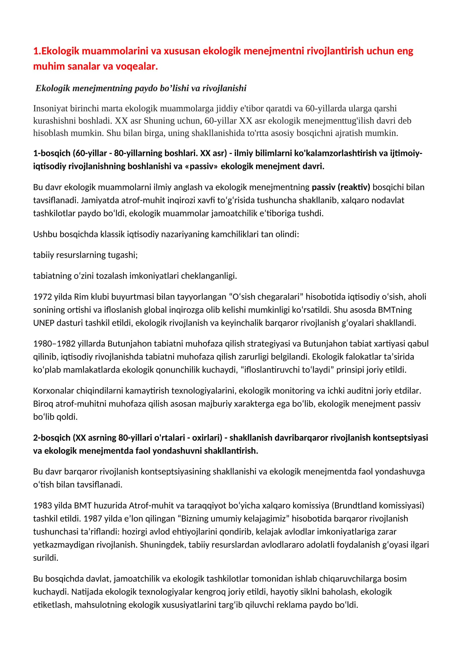 Ekologik menejment fani bo’yicha savol javob