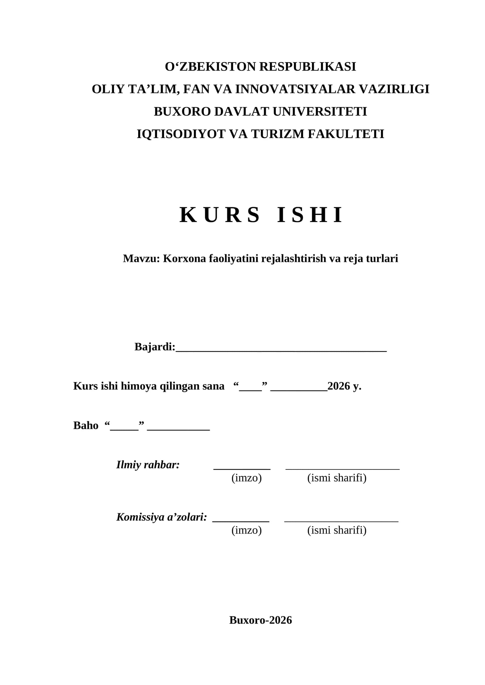 Korxona faoliyatini rejalashtirish va reja turlari  kurs ishi