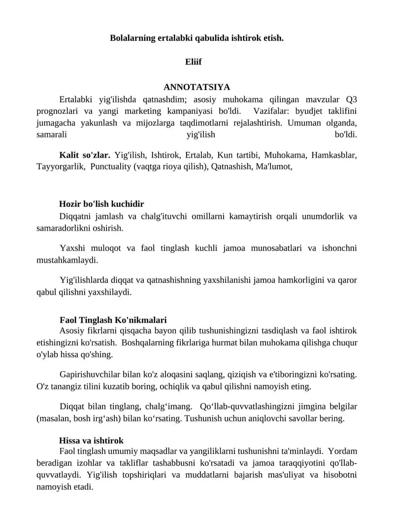 Bolalarning ertalabki qabulida ishtirok