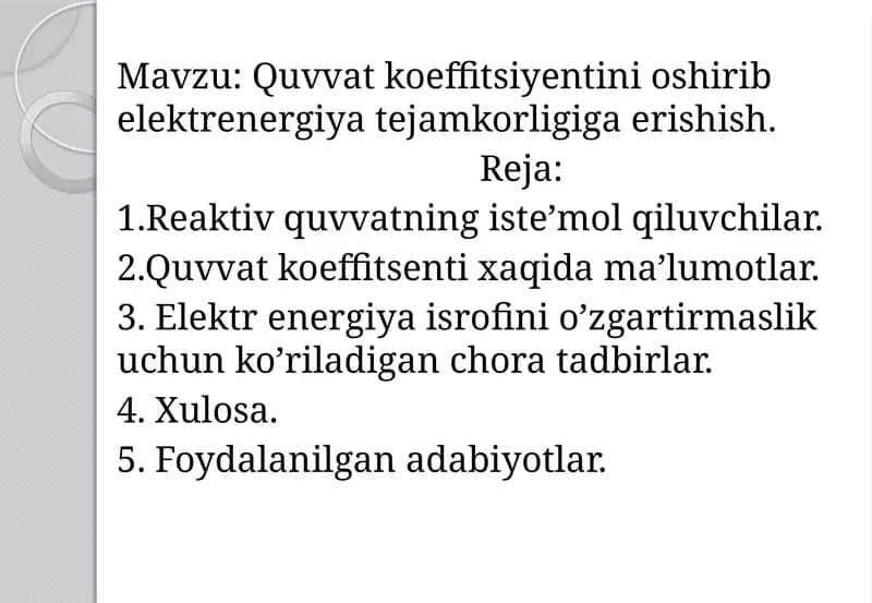 Quvvatkoeffitsiyentini oshirib elektr energiya tejamkorligi